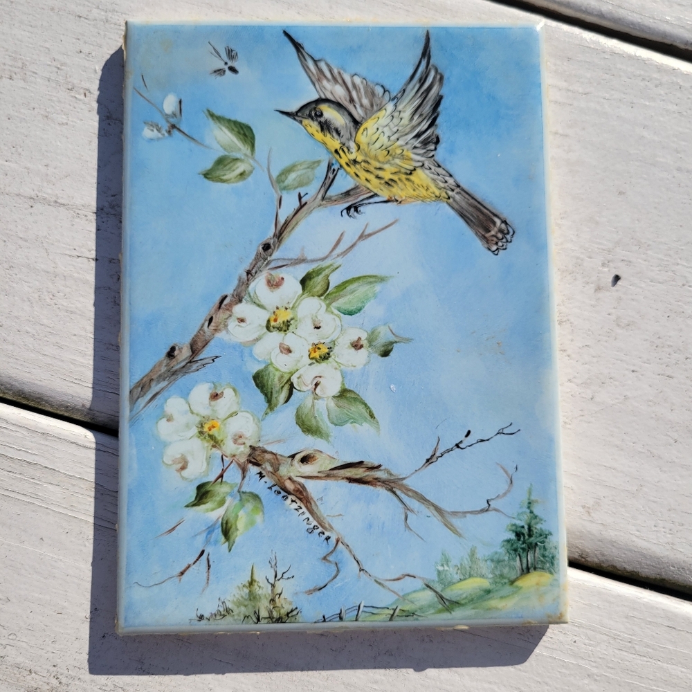 Painted Bird Tile ~ 4x6 Made in USA ~ Signed - Handpainted? ~ Flowers ~ Pretty!
